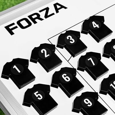 FORZA Trainingsmagneten in shirt, 11 kleurrijke magnetische markers met genummerde stickers, compatibel met tactiekborden, ideaal voor voetbaltrainers FORZA Trainingsmagneten in shirt, 11 kleurrijke magnetische markers met genummerde stickers, compatibel met tactiekborden, ideaal voor voetbaltrainers