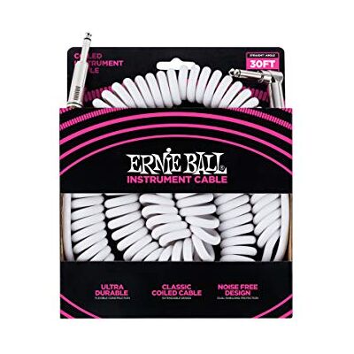 Ernie Ball , Spiraalkabel voor instrumenten, recht/gebogen, 9,14 m, wit Ernie Ball , Spiraalkabel voor instrumenten, recht/gebogen, 9,14 m, wit