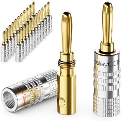 deleyCON Bananenstekker, verguld, schroefbaar, voor luidsprekerkabels van 0,75 mm tot 4 mm & hifi-ontvanger, 24 stuks deleyCON Bananenstekker, verguld, schroefbaar, voor luidsprekerkabels van 0,75 mm tot 4 mm & hifi-ontvanger, 24 stuks