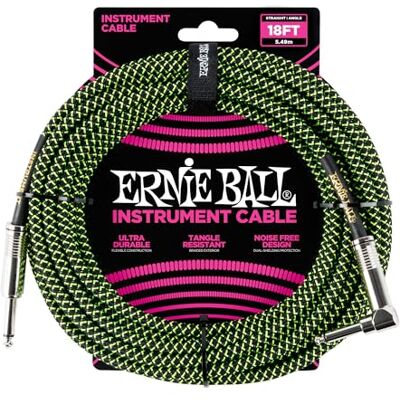 Ernie Ball P06082 Instrumentenkabel gevlochten rechte en schuine eindstukken, 5,5 m, neongroen/zwart Ernie Ball P06082 Instrumentenkabel gevlochten rechte en schuine eindstukken, 5,5 m, neongroen/zwart