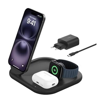 Belkin BoostCharge Qi2 3-in-1 oplaadstandaard, magnetisch, opvouwbaar, 15 W, MagSafe-compatibel, voor iPhone 17, iPhone Air, Pixelsnap, Apple Watch, AirPods, incl. netadapter, zwart Belkin BoostCharge Qi2 3-in-1 oplaadstandaard, magnetisch, opvouwbaar, 15 W, MagSafe-compatibel, voor iPhone 17, iPhone Air, Pixelsnap, Apple Watch, AirPods, incl. netadapter, zwart