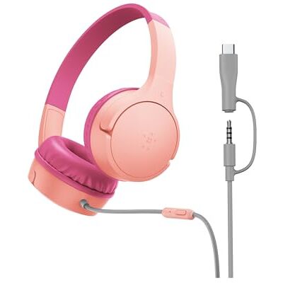 Belkin SoundForm Mini-hoofdtelefoon voor kinderen, bekabeld, met USB-C-aansluitingen en 3,5 mm, microfoon en stickers, max. 85 dB volume, voor online leren, reizen, iPhone, iPad, Galaxy enz., roze Belkin SoundForm Mini-hoofdtelefoon voor kinderen, bekabeld, met USB-C-aansluitingen en 3,5 mm, microfoon en stickers, max. 85 dB volume, voor online leren, reizen, iPhone, iPad, Galaxy enz., roze