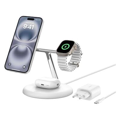 Belkin BoostCharge Pro 3-in-1 laadstation met Qi2, 15 W, MagSafe, voor iPhone 17, iPhone Air, 16, Pixelsnap, AirPods, Apple Watch enz., inclusief voedingsadapter wit Belkin BoostCharge Pro 3-in-1 laadstation met Qi2, 15 W, MagSafe, voor iPhone 17, iPhone Air, 16, Pixelsnap, AirPods, Apple Watch enz., inclusief voedingsadapter wit