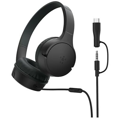 Belkin SoundForm Mini-hoofdtelefoon voor kinderen, bekabeld, met USB-C-aansluitingen en 3,5 mm, microfoon en stickers, max. 85 dB volume, voor online leren, reizen, iPhone, iPad, Galaxy enz., zwart Belkin SoundForm Mini-hoofdtelefoon voor kinderen, bekabeld, met USB-C-aansluitingen en 3,5 mm, microfoon en stickers, max. 85 dB volume, voor online leren, reizen, iPhone, iPad, Galaxy enz., zwart
