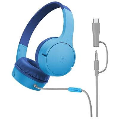 Belkin SoundForm Mini-hoofdtelefoon voor kinderen, bekabeld, met USB-C-aansluitingen en 3,5 mm, microfoon en stickers, max. 85 dB volume, voor online leren, reizen, iPhone, iPad, Galaxy enz., blauw Belkin SoundForm Mini-hoofdtelefoon voor kinderen, bekabeld, met USB-C-aansluitingen en 3,5 mm, microfoon en stickers, max. 85 dB volume, voor online leren, reizen, iPhone, iPad, Galaxy enz., blauw