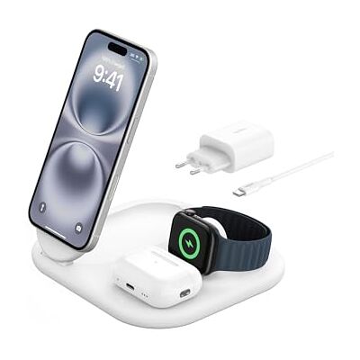 Belkin BoostCharge Qi2 3-in-1 oplaadstandaard, magnetisch, opvouwbaar, 15 W, MagSafe-compatibel, voor iPhone 17, iPhone Air, Pixelsnap, Apple Watch, AirPods, inclusief netadapter, wit Belkin BoostCharge Qi2 3-in-1 oplaadstandaard, magnetisch, opvouwbaar, 15 W, MagSafe-compatibel, voor iPhone 17, iPhone Air, Pixelsnap, Apple Watch, AirPods, inclusief netadapter, wit