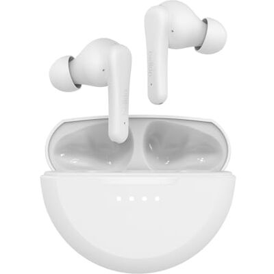 Belkin SoundForm Rhythm prawdziwie bezprzewodowe słuchawki douszne, wbudowany microfoon, szybkie ładowanie USB-C, 28 uur pracy na batterij, wodoodporność IPX5 do iPhone'a, iPada, Galaxy, Pixel białe Belkin SoundForm Rhythm prawdziwie bezprzewodowe słuchawki douszne, wbudowany microfoon, szybkie ładowanie USB-C, 28 uur pracy na batterij, wodoodporność IPX5 do iPhone'a, iPada, Galaxy, Pixel białe
