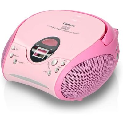 Lenco CD-speler SCD-24 voor kinderen, stereo-systeem, AUX-in-hoofdtelefoonaansluiting, LCD-display, batterij en voeding, roze Lenco CD-speler SCD-24 voor kinderen, stereo-systeem, AUX-in-hoofdtelefoonaansluiting, LCD-display, batterij en voeding, roze