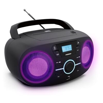 mooov Draagbare cd-speler, CD-R/CD-RW/MP3-CD-speler, FM-radio, USB-poort, led-lichteffecten, ergonomische handgreep, stroomvoorziening of batterij, zwart 477415 mooov Draagbare cd-speler, CD-R/CD-RW/MP3-CD-speler, FM-radio, USB-poort, led-lichteffecten, ergonomische handgreep, stroomvoorziening of batterij, zwart 477415