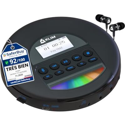 KLIM Nomad Lecteur CD portable avec batterie interne de longue durée Casque Fusion, mini compact, radio FM, compatible avec CD-R, CD-RW, MP3 Noir/bleu KLIM Nomad Lecteur CD portable avec batterie interne de longue durée Casque Fusion, mini compact, radio FM, compatible avec CD-R, CD-RW, MP3 Noir/bleu