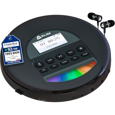 KLIM Nomad Draagbare cd-speler, ingebouwde batterij, lange levensduur, met hoofdtelefoon, compatibel met CD-R, CD-RW, MP3, Bluetooth-speler, cd-speler voor auto, thuis, outdoor, zwart KLIM Nomad Draagbare cd-speler, ingebouwde batterij, lange levensduur, met hoofdtelefoon, compatibel met CD-R, CD-RW, MP3, Bluetooth-speler, cd-speler voor auto, thuis, outdoor, zwart