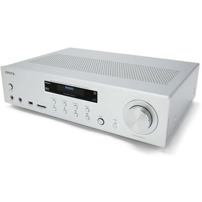 Aiwa AMU-120BT/SL versterker, AV-receiver, met Bluetooth 5.0, 120 W, USB-poort, SD-kaartlezer, kleur: zilver Aiwa AMU-120BT/SL versterker, AV-receiver, met Bluetooth 5.0, 120 W, USB-poort, SD-kaartlezer, kleur: zilver