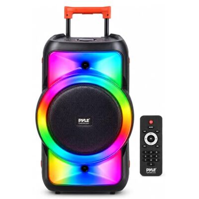 Pyle Draagbare bluetooth-luidspreker, PA-systeem en karaokemachine met woofer, 30 cm, TWS, 160 W, oplaadbare batterij, microfooningang, USB/SD/BT/FM radio, ledlampen, voor binnen en buiten Pyle Draagbare bluetooth-luidspreker, PA-systeem en karaokemachine met woofer, 30 cm, TWS, 160 W, oplaadbare batterij, microfooningang, USB/SD/BT/FM radio, ledlampen, voor binnen en buiten