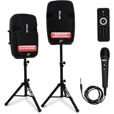 Pyle Draagbaar PA-systeem, 1800 W draadloos Bluetooth-luidsprekersysteem met Dual 12 inch subwoofers, 2-weg audio, Mic Input, SD/USB-speler, FM-radio, afstandsbediening, tripod-stands en verlichting, voor evenementen en feesten Pyle Draagbaar PA-systeem, 1800 W draadloos Bluetooth-luidsprekersysteem met Dual 12 inch subwoofers, 2-weg audio, Mic Input, SD/USB-speler, FM-radio, afstandsbediening, tripod-stands en verlichting, voor evenementen en feesten