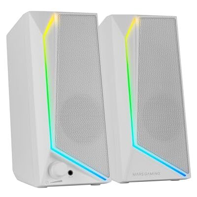 Mars Gaming MARSGAMING MS72, gaming-luidspreker, 15 W, RGB Flow-verlichting, 2 actieve drivers, DSP-chipset, plug-and-play-aansluiting, USB en 3,5 mm jackstekker, volumeregelaar en audio-aansluiting voor hoofdtelefoon, wit Mars Gaming MARSGAMING MS72, gaming-luidspreker, 15 W, RGB Flow-verlichting, 2 actieve drivers, DSP-chipset, plug-and-play-aansluiting, USB en 3,5 mm jackstekker, volumeregelaar en audio-aansluiting voor hoofdtelefoon, wit