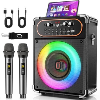 HWWR Draagbare bluetooth-luidspreker met ledverlichting, karaoke-machine met 2 microfoons, PA-systeem, ondersteunt TWS/USB/TF/AUX/FM-kaart, muziekdoos voor feest HWWR Draagbare bluetooth-luidspreker met ledverlichting, karaoke-machine met 2 microfoons, PA-systeem, ondersteunt TWS/USB/TF/AUX/FM-kaart, muziekdoos voor feest