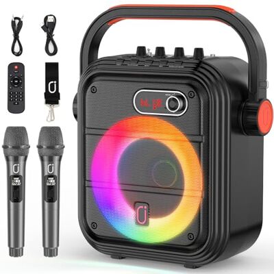 JYX Karaoke-machine met 2 draadloze microfoons, PA-systeem met hoge / bas, draagbare bluetooth-luidspreker met RGB-licht, ondersteunt spraakoverdracht/bewaking JYX Karaoke-machine met 2 draadloze microfoons, PA-systeem met hoge / bas, draagbare bluetooth-luidspreker met RGB-licht, ondersteunt spraakoverdracht/bewaking