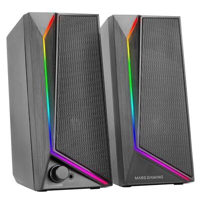 Mars Gaming MARSGAMING MS72, gaming-luidspreker, 15 W, RGB Flow-verlichting, 2 actieve drivers, DSP-chipset, plug-and-play-aansluiting, USB en 3,5 mm jackstekker, volumeregelaar en audio-aansluiting voor hoofdtelefoon, zwart Mars Gaming MARSGAMING MS72, gaming-luidspreker, 15 W, RGB Flow-verlichting, 2 actieve drivers, DSP-chipset, plug-and-play-aansluiting, USB en 3,5 mm jackstekker, volumeregelaar en audio-aansluiting voor hoofdtelefoon, zwart