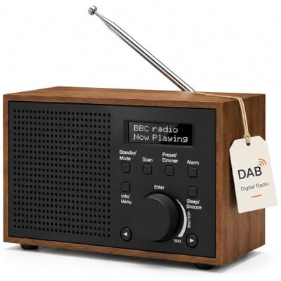 Denver DAB+ en FM-radio, DAB-46, donkergrijs, klok en wekker, werkt met batterij en stroom, 2 W audio-uitgang, houten afwerking. Denver DAB+ en FM-radio, DAB-46, donkergrijs, klok en wekker, werkt met batterij en stroom, 2 W audio-uitgang, houten afwerking.