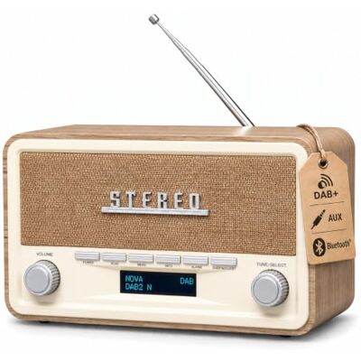 Denver Draagbare DAB+ en FM-radio met Bluetooth, licht hout DAB+/FM, Bluetooth 5.0, AUX, LCD-display, wekker, 2 × 2 W en voeding of 4 C-batterijen Denver Draagbare DAB+ en FM-radio met Bluetooth, licht hout DAB+/FM, Bluetooth 5.0, AUX, LCD-display, wekker, 2 × 2 W en voeding of 4 C-batterijen