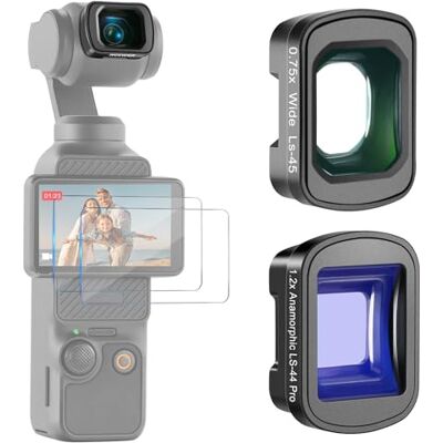 NEEWER Lensset compatibel met DJI Osmo Pocket 3 Creator Combo accessoires, groothoek 0,75 x (gezichtsveld 108°) + 1,2 x blauwe anamorfe filmische lens + 2 NEEWER Lensset compatibel met DJI Osmo Pocket 3 Creator Combo accessoires, groothoek 0,75 x (gezichtsveld 108°) + 1,2 x blauwe anamorfe filmische lens + 2