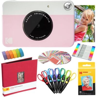 Kodak Printomatic Instant Camera (roze) kunstset + zinkpapier (20 vellen) + verzamelalbum 8 x 8 stoffen + 12 dubbele puntmarkers + 100 stickers + 6 schaar + washi tape Kodak Printomatic Instant Camera (roze) kunstset + zinkpapier (20 vellen) + verzamelalbum 8 x 8 stoffen + 12 dubbele puntmarkers + 100 stickers + 6 schaar + washi tape