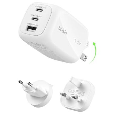 Belkin GaN oplader met 3 poorten, USB-C 100 W, 2 USB-C-poorten en 1 USB-A-poort, EU/VS/VS, voor MacBook, iPhone, iPad Pro, Samsung Galaxy, Google Pixel enz., wit Belkin GaN oplader met 3 poorten, USB-C 100 W, 2 USB-C-poorten en 1 USB-A-poort, EU/VS/VS, voor MacBook, iPhone, iPad Pro, Samsung Galaxy, Google Pixel enz., wit