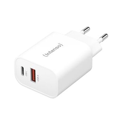 Intenso USB-C en USB-A snellader 30 W Power Delivery adapter Dubbele poort voeding met snel opladen, PD oplader voor iPhone, Samsung Galaxy, iPad, tablet, stopcontact Intenso USB-C en USB-A snellader 30 W Power Delivery adapter Dubbele poort voeding met snel opladen, PD oplader voor iPhone, Samsung Galaxy, iPad, tablet, stopcontact