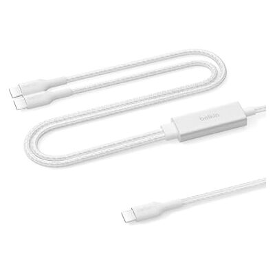 Belkin BoostCharge Pro USB-C-kabel, 2-in-1, 140 W, gevlochten ommanteling, snel opladen, gedeeld opladen, voor MacBook, iPhone, iPad, Samsung, Pixel enz., wit Belkin BoostCharge Pro USB-C-kabel, 2-in-1, 140 W, gevlochten ommanteling, snel opladen, gedeeld opladen, voor MacBook, iPhone, iPad, Samsung, Pixel enz., wit