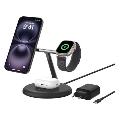 Belkin BoostCharge Pro 3-in-1 laadstation met Qi2, 15 W, MagSafe, voor iPhone 17, iPhone Air, 16, Pixelsnap, AirPods, Apple Watch enz., inclusief voedingsadapter zwart Belkin BoostCharge Pro 3-in-1 laadstation met Qi2, 15 W, MagSafe, voor iPhone 17, iPhone Air, 16, Pixelsnap, AirPods, Apple Watch enz., inclusief voedingsadapter zwart