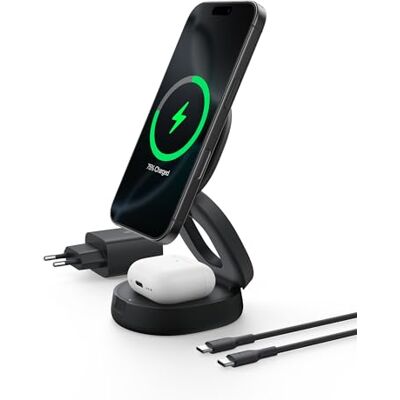 Belkin BoostCharge 2-in-1 magnetische en opvouwbare oplader, MagSafe-compatibel laadstation, Qi2-gecertificeerd, 15 W, voor iPhone 17, iPhone Air, AirPods, Pixelsnap, 30 W adapter, zwart Belkin BoostCharge 2-in-1 magnetische en opvouwbare oplader, MagSafe-compatibel laadstation, Qi2-gecertificeerd, 15 W, voor iPhone 17, iPhone Air, AirPods, Pixelsnap, 30 W adapter, zwart