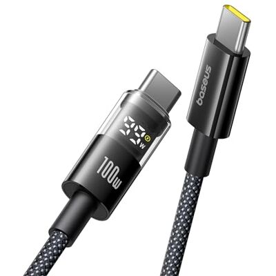 Baseus USB C-kabel met digitaal display, 100 W Type-C naar C snellaadkabel met 480 Mbps, gevlochten draad, compatibel met iPhone 16/16Pro/16Pro Max/15, Samsung S24U, Macbook, Surface Laptop, 1 m Baseus USB C-kabel met digitaal display, 100 W Type-C naar C snellaadkabel met 480 Mbps, gevlochten draad, compatibel met iPhone 16/16Pro/16Pro Max/15, Samsung S24U, Macbook, Surface Laptop, 1 m