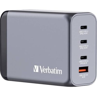 Verbatim GaN Oplader 240 W 4 poorten USB-C oplader Power Adapter met 3 x USB-C en 1 x USB-A snellader voor Apple MacBook, Notebook, iPad, iPhone, Samsung en Co Verbatim GaN Oplader 240 W 4 poorten USB-C oplader Power Adapter met 3 x USB-C en 1 x USB-A snellader voor Apple MacBook, Notebook, iPad, iPhone, Samsung en Co