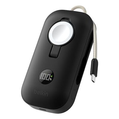 Belkin BoostCharge Pro 10.000 mAh powerbank met Apple Watch-oplader, draagbare oplader met geïntegreerde gevlochten USB C-kabel en digitaal display, 45 W, accupack voor het opladen van 3 apparaten Belkin BoostCharge Pro 10.000 mAh powerbank met Apple Watch-oplader, draagbare oplader met geïntegreerde gevlochten USB C-kabel en digitaal display, 45 W, accupack voor het opladen van 3 apparaten