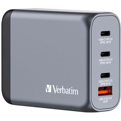 Verbatim GNC-100 GaN oplader 100W met 2x USB-C® PD 100W / 1x USB-C® PD 65W / 1x USB-A QC 3.0 (EU/UK/US) Verbatim GNC-100 GaN oplader 100W met 2x USB-C® PD 100W / 1x USB-C® PD 65W / 1x USB-A QC 3.0 (EU/UK/US)