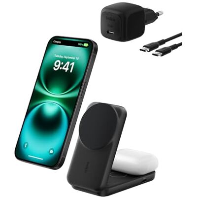 Belkin UltraCharge inductielader Qi2, 25 W, 2-in-1 laadstation voor iPhone 17, iPhone Air, AirPods, Pixelsnap, compatibel met MagSafe met USB-C-poort en adapter 45 W, zwart Belkin UltraCharge inductielader Qi2, 25 W, 2-in-1 laadstation voor iPhone 17, iPhone Air, AirPods, Pixelsnap, compatibel met MagSafe met USB-C-poort en adapter 45 W, zwart