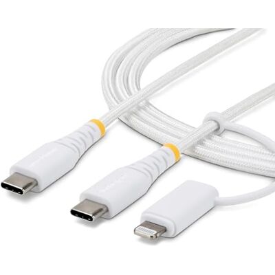 StarTech Câble de charge USB-C robuste 2 en 1 de 1 m avec adaptateur Lightning, 30 W/60 W (3 A), certifié Apple MFi, cordon de charge USB C tressé pour iPhone/iPad/Android StarTech Câble de charge USB-C robuste 2 en 1 de 1 m avec adaptateur Lightning, 30 W/60 W (3 A), certifié Apple MFi, cordon de charge USB C tressé pour iPhone/iPad/Android