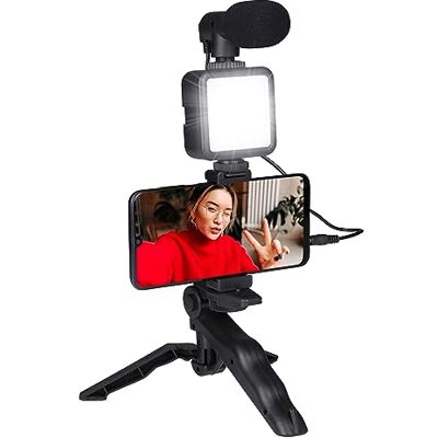 Grundig Telefoonstatief met lamp, statief met microfoon, leds met 3 kleurinstellingen, voor telefoons van 53 tot 84 mm, tafelmodel en selfiestick, materiaal van kunststof, zwart Grundig Telefoonstatief met lamp, statief met microfoon, leds met 3 kleurinstellingen, voor telefoons van 53 tot 84 mm, tafelmodel en selfiestick, materiaal van kunststof, zwart