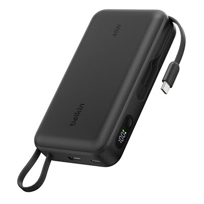Belkin UltraCharge Externe accu, 20.000 mAh, PD 45 W, geïntegreerde kabel en display, draagbare snellader, USB-C, powerbank voor iPhone, iPad, Galaxy, Pixel, MacBook Air, enz., zwart Belkin UltraCharge Externe accu, 20.000 mAh, PD 45 W, geïntegreerde kabel en display, draagbare snellader, USB-C, powerbank voor iPhone, iPad, Galaxy, Pixel, MacBook Air, enz., zwart