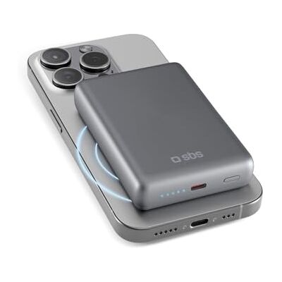 SBS PowerBank MagSafe 10 K 10.000 mAh Power Delivery 20 W, draadloos opladen, 15 W, magnetisch, statusled, USB-C, oplader voor iPhone, iPad, AirPods, Samsung, tablet, smartphone, aluminium grijs SBS PowerBank MagSafe 10 K 10.000 mAh Power Delivery 20 W, draadloos opladen, 15 W, magnetisch, statusled, USB-C, oplader voor iPhone, iPad, AirPods, Samsung, tablet, smartphone, aluminium grijs