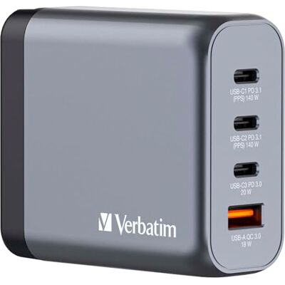 Verbatim GNC-140 GaN oplader 140 W met 2 USB-C® PD-poorten 140 W, 1 x USB-C® PD 20 W, 1 x USB-A QC 3.0 (EU/UK/US) Verbatim GNC-140 GaN oplader 140 W met 2 USB-C® PD-poorten 140 W, 1 x USB-C® PD 20 W, 1 x USB-A QC 3.0 (EU/UK/US)