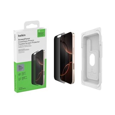 Belkin ScreenForce InvisiGlass Privacy displaybescherming voor iPhone 17 + iPhone 16 Pro, krasbestendig, Easy Align-houder inbegrepen, bevestiging zonder luchtbellen, hardheid 9H, gerecycled glas Belkin ScreenForce InvisiGlass Privacy displaybescherming voor iPhone 17 + iPhone 16 Pro, krasbestendig, Easy Align-houder inbegrepen, bevestiging zonder luchtbellen, hardheid 9H, gerecycled glas