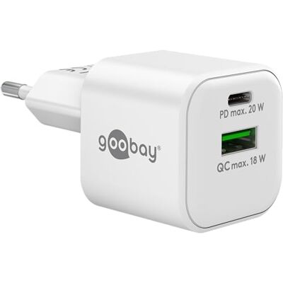 goobay 65865 USB C Dual Nano PD snellader (20 W) / QC USB-A (18 W) / USB C oplader voor Samsung, iPhone, iPad, MacBook, oplaadadapter voor netstekker/blok goobay 65865 USB C Dual Nano PD snellader (20 W) / QC USB-A (18 W) / USB C oplader voor Samsung, iPhone, iPad, MacBook, oplaadadapter voor netstekker/blok