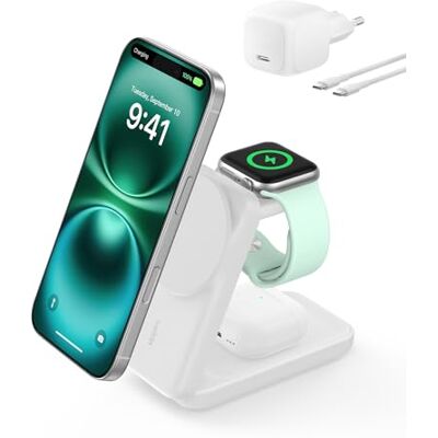 Belkin UltraCharge 3-in-1 inductielader Qi2, magnetisch laadstation 25 W, draadloze oplader met MagSafe voor iPhone 17, iPhone Air, Apple Watch, AirPods, pixelsnap met oplader 45 W, wit Belkin UltraCharge 3-in-1 inductielader Qi2, magnetisch laadstation 25 W, draadloze oplader met MagSafe voor iPhone 17, iPhone Air, Apple Watch, AirPods, pixelsnap met oplader 45 W, wit