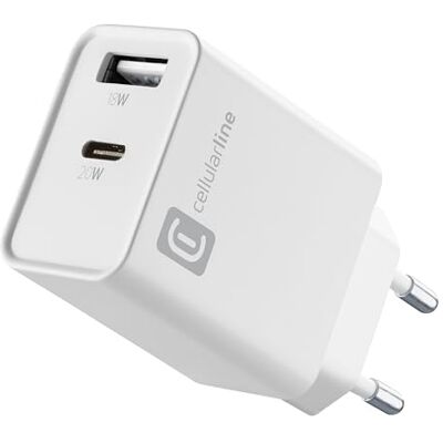 Cellular Line Multiport Charger PD 20W Oplader met twee poorten USB-C 20W PD poort USB-A 18W Compatibel met alle smartphones Wit Cellular Line Multiport Charger PD 20W Oplader met twee poorten USB-C 20W PD poort USB-A 18W Compatibel met alle smartphones Wit