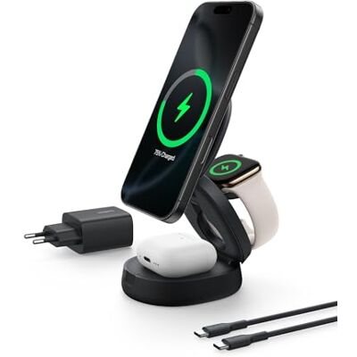 Belkin BoostCharge 3-in-1 opvouwbaar laadstation, MagSafe-compatibele inductie-oplader, Qi2-gecertificeerd, 15 W, voor iPhone 17, Air, Apple Watch, AirPods, Pixelsnap, 36 W adapter, zwart Belkin BoostCharge 3-in-1 opvouwbaar laadstation, MagSafe-compatibele inductie-oplader, Qi2-gecertificeerd, 15 W, voor iPhone 17, Air, Apple Watch, AirPods, Pixelsnap, 36 W adapter, zwart