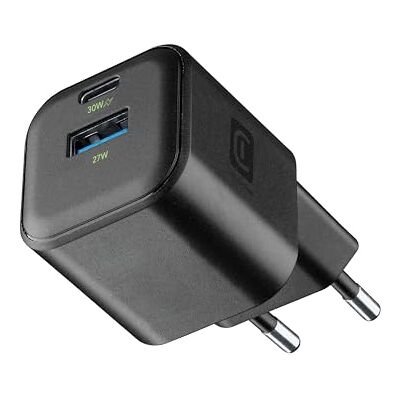Cellular Line Oplader met GAN 30W technologie, 2x USB-C en USB-A, snel opladen, compact formaat, zwart Cellular Line Oplader met GAN 30W technologie, 2x USB-C en USB-A, snel opladen, compact formaat, zwart
