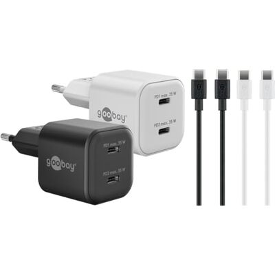 goobay GaN Nano 35W USB-C PD snellader, 2 stuks, 2 x USB-C/voeding met 2 poorten, voor mobiele telefoon, tablet, camera, Power Delivery, reisadapter goobay GaN Nano 35W USB-C PD snellader, 2 stuks, 2 x USB-C/voeding met 2 poorten, voor mobiele telefoon, tablet, camera, Power Delivery, reisadapter