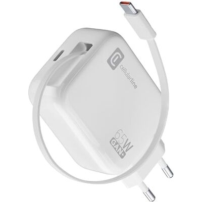 Cellular Line 65 W oplader met intrekbare USB-C-kabel, 90 cm, GaN-technologie, dubbele USB-C Power Delivery, compact voor smartphone, tablet en laptop, wit Cellular Line 65 W oplader met intrekbare USB-C-kabel, 90 cm, GaN-technologie, dubbele USB-C Power Delivery, compact voor smartphone, tablet en laptop, wit