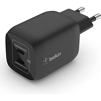 Belkin Dual Port USB-C 65 W oplader, snel opladen, Power Delivery 3.0 met GaN-technologie voor iPhone 13, 12, Pro, Pro Max, Mini, iPad Pro 12.9, 11, MacBook, Galaxy S22, Plus, Ultra, Tab. Belkin Dual Port USB-C 65 W oplader, snel opladen, Power Delivery 3.0 met GaN-technologie voor iPhone 13, 12, Pro, Pro Max, Mini, iPad Pro 12.9, 11, MacBook, Galaxy S22, Plus, Ultra, Tab.